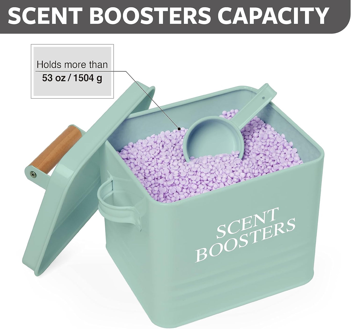 Calindiana Modern Farmhouse Metal Laundry Scent Booster Beads Dispenser Container with Scoop for Laundry Room Decor and Accessories and Space Saving Laundry Room Organization and Storage, Mint