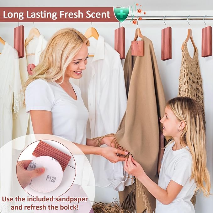 Woodever Cedar Blocks for Clothes Storage 56 Pcs, 100% Aromatic Planks with Metal Hooks, Cedar Wood Chips and Balls for Closets and Drawers, Fresh Scented Sachets