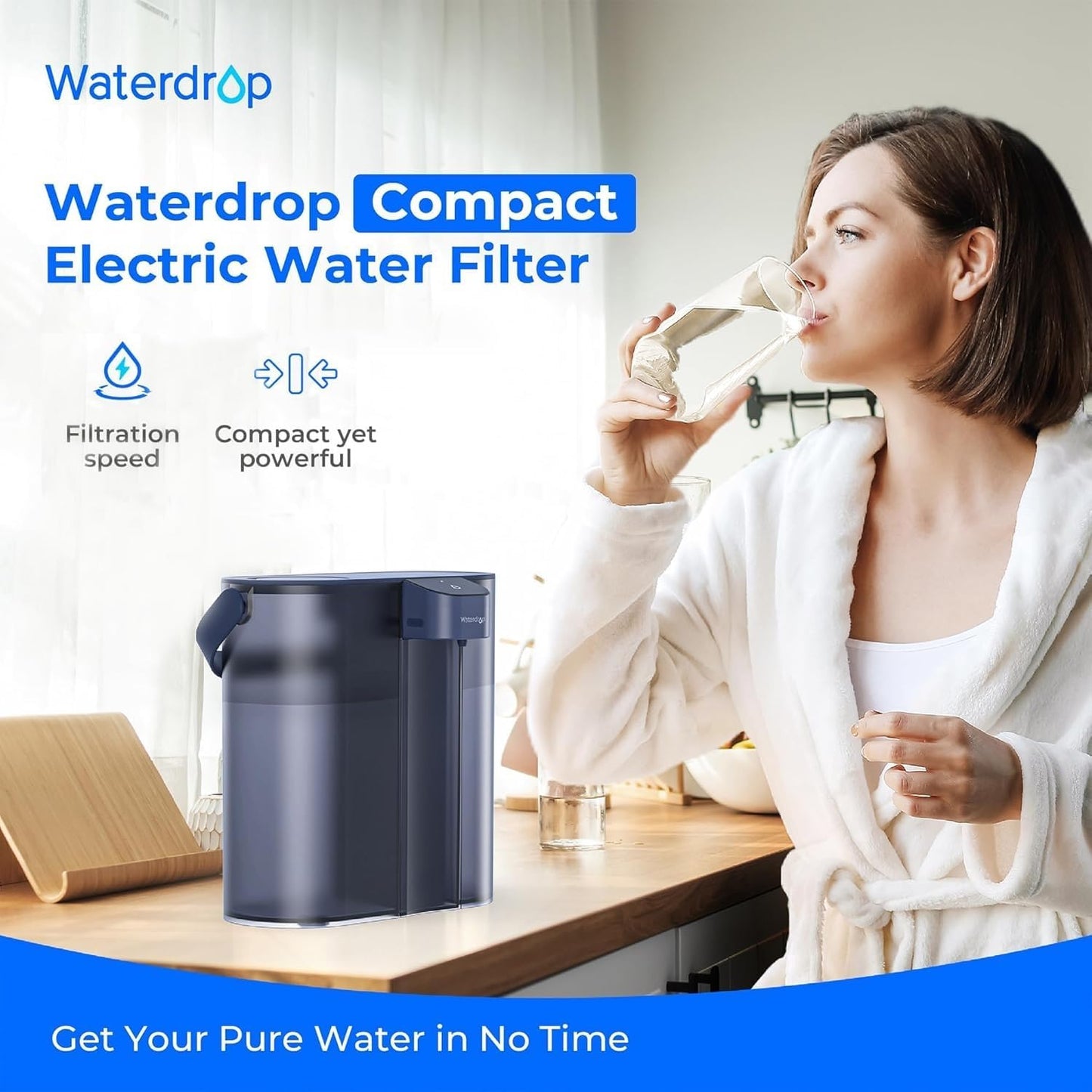 Waterdrop Compact Electric Water Filter Pitcher, 200-Gallon Rechargeable Instant Powerful Dispenser, NSF/ANSI 42&53&401, Reduce PFAS, Lead, Chlorine, 14-Cup, Blue, with 1 Filter, Does not Lower TDS