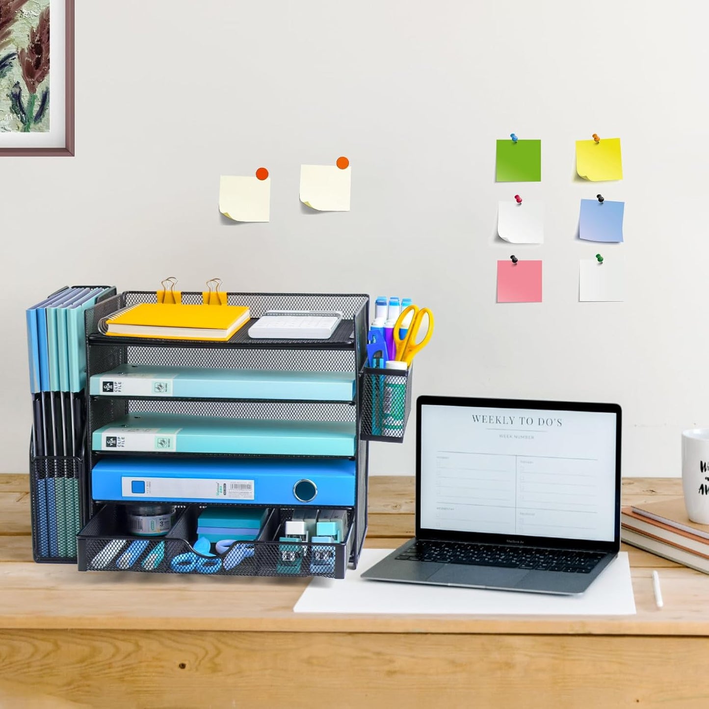 Desk Organizers with File Holder, 5-Tier Paper Organizer Letter Tray with Sliding Drawers and Extra Pen Holder, Mesh Desktop File Organizer for School Office Supplies, Black.