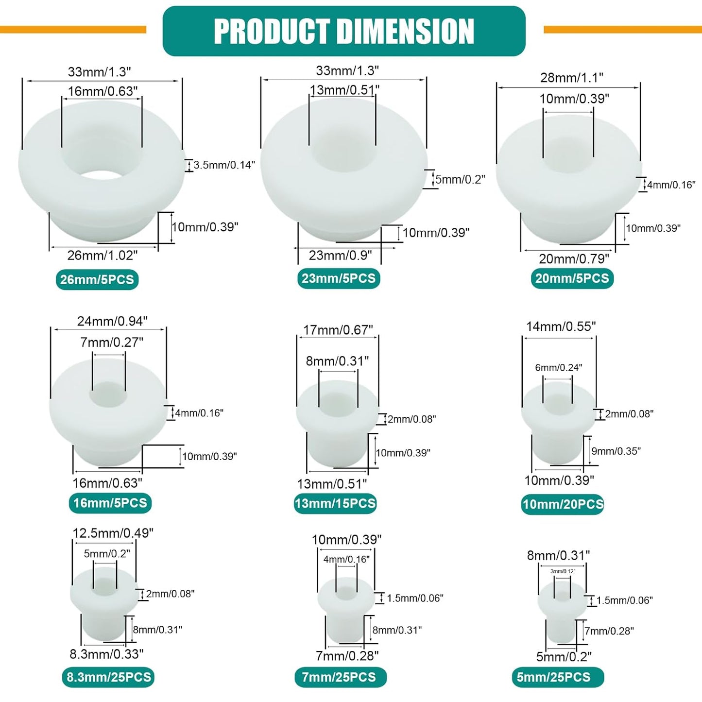 130PCS Silicone Rubber Grommets for Wiring, White Top Hat Rubber Grommet Assortment Kit, 9 Sizes Round Hole Rubber Wire Grommets for Automotive, Vinyl Tubing in Hydroponic and Irrigation Systems