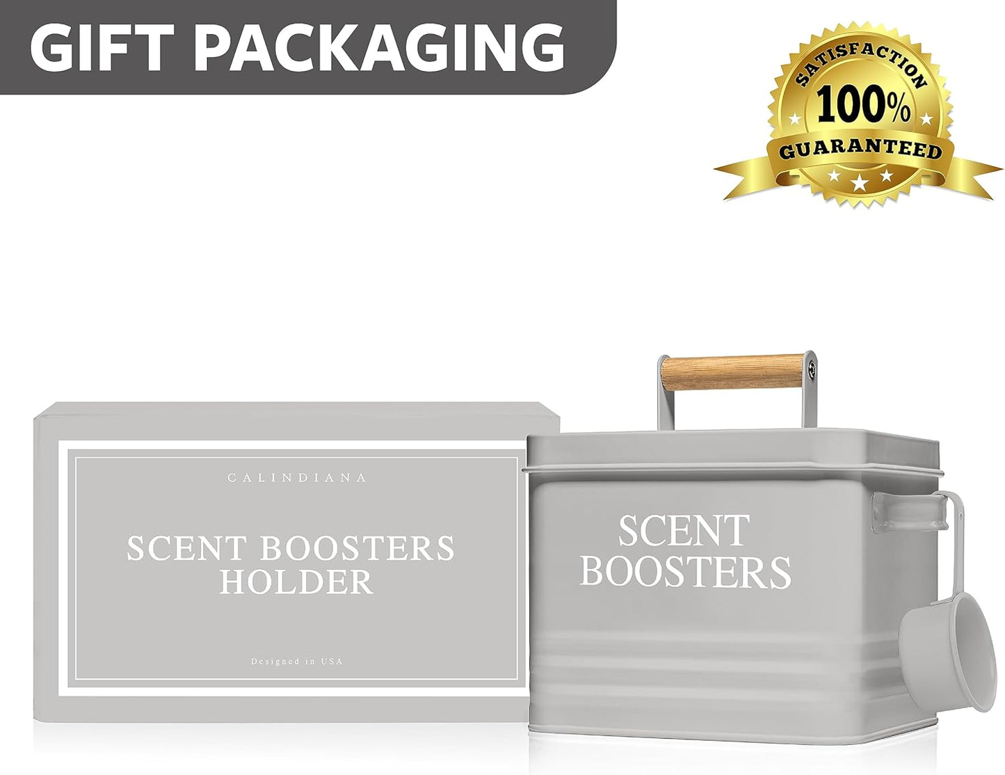 Calindiana Metal Laundry Holder, Grey, Modern Farmhouse Design, Scent Booster Beads Dispenser with Lid, Storage Container with Scoop & Handles, Space Saving Laundry Room Organization, 53 oz Capacity