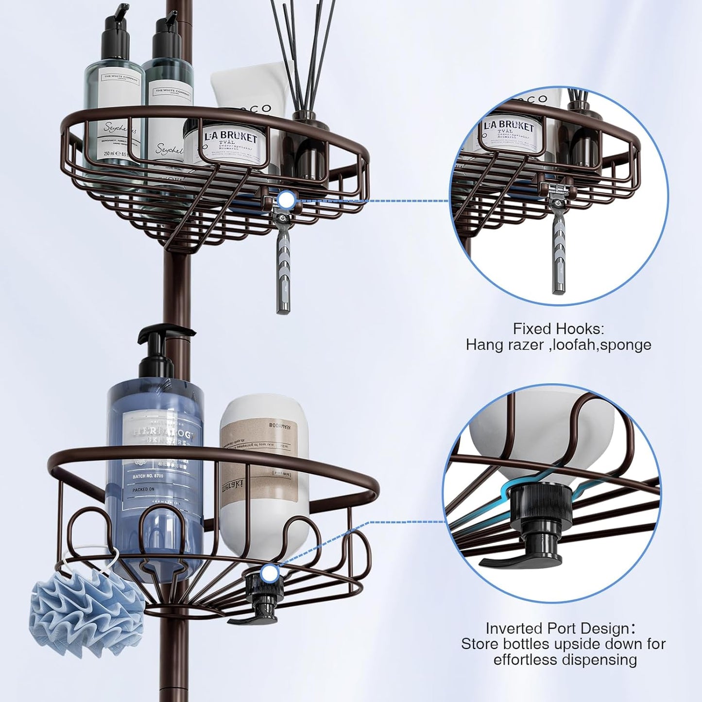 Corner Shower Caddy Tension Pole: Stainless Steel Rustproof 4-Tier Shower Organizer - 47-121 inch Adjustable Bathroom Shelves for Bathtub Shampoo Storage - Tension Rod Floor Standing Bath Rack -Bronze