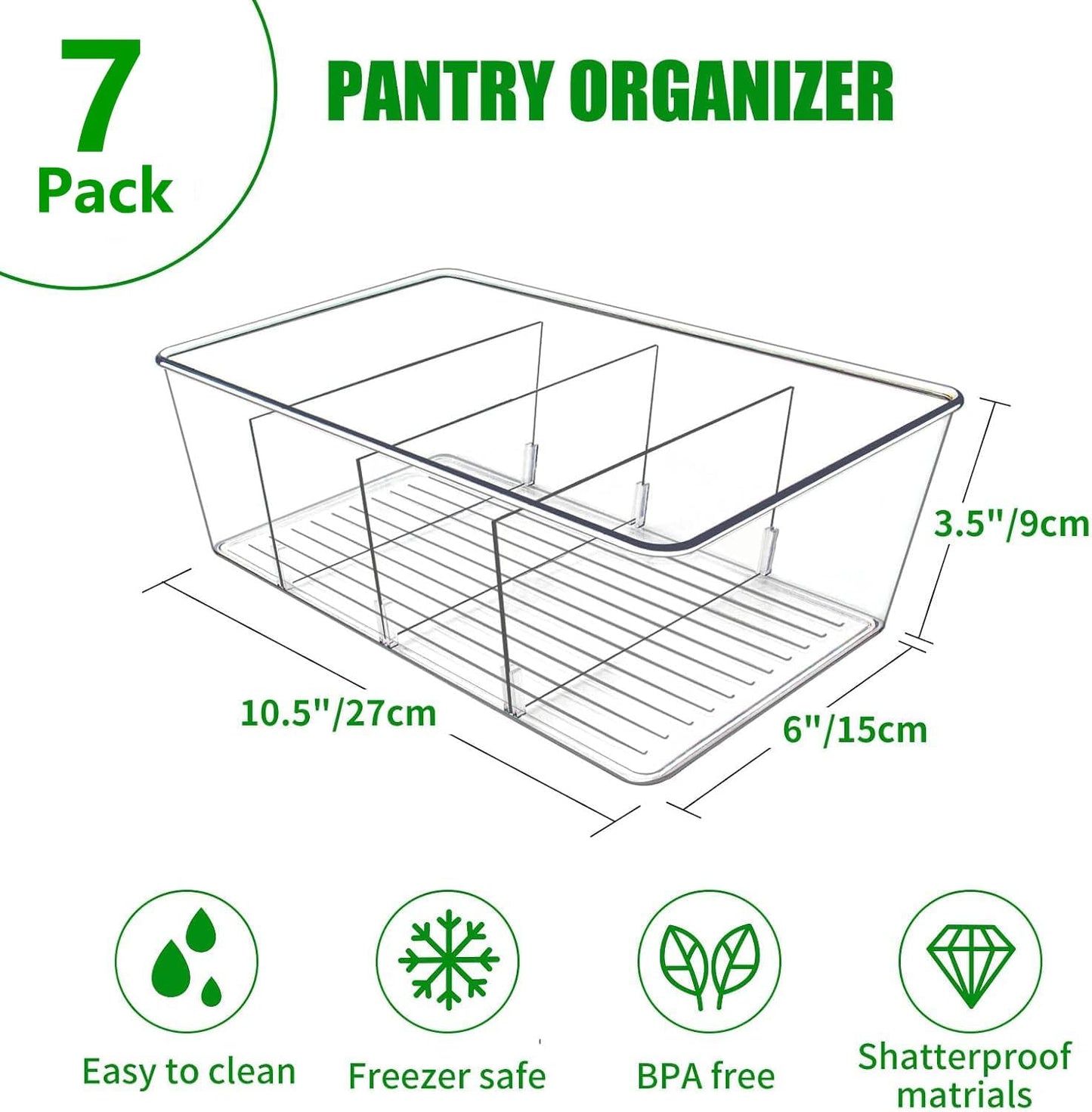 Pantry Organizers and Storage,Kitchen Organizers and Storage for Fridge,Drawer and Refrigerator - Spice Organization for Cabinet,Clear Plastic Stackable Organizer Bins with 3 Dividers (7 Pcs)