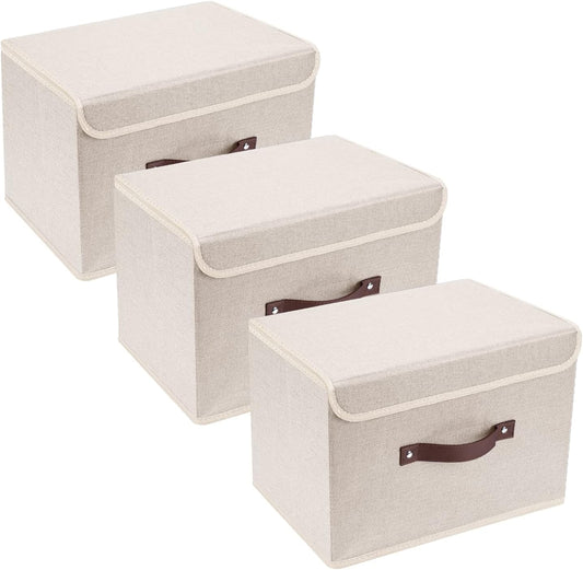 TYEERS Collapsible Storage Boxes, Washable Fabric Storage Bins with Lids, 14.9x9.8x9.8 inches, 3 Pack, Beige