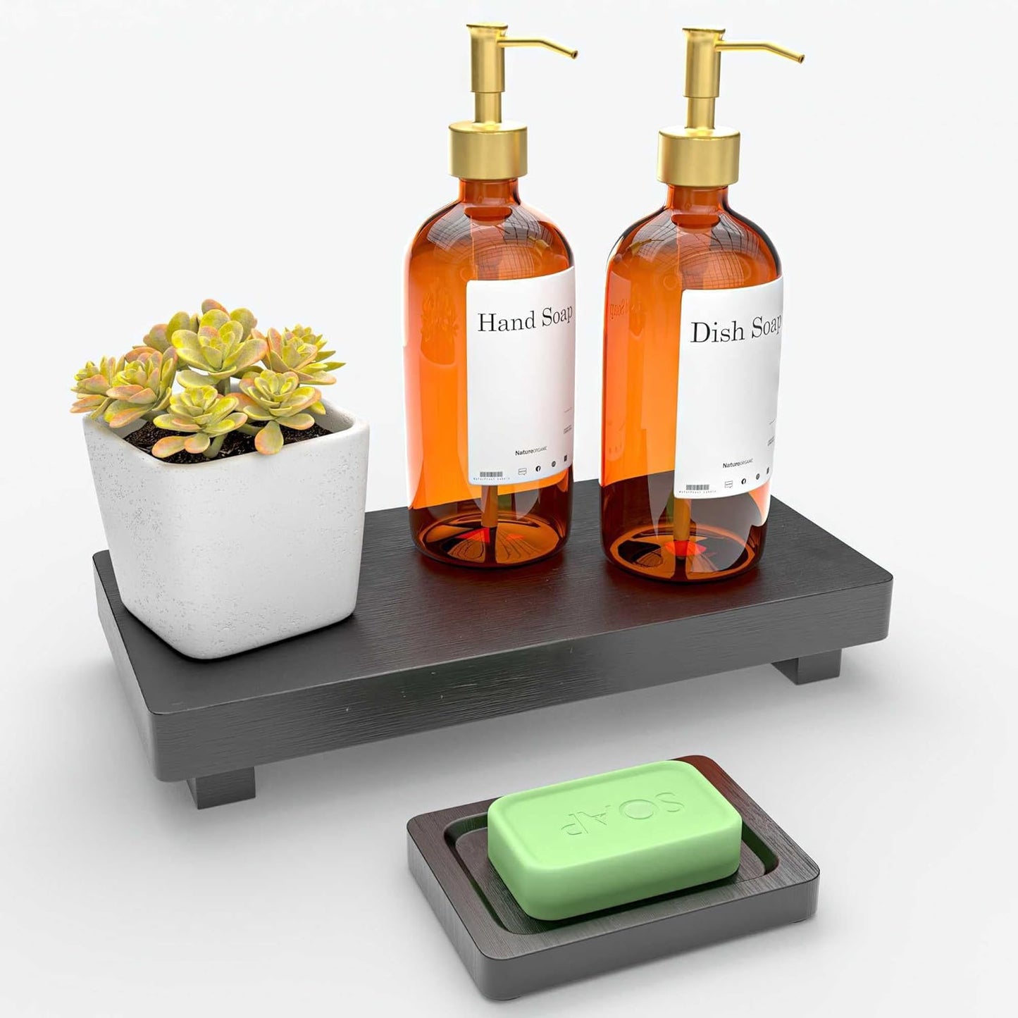 Black Bathroom Tray for Counter - 2 Pcs Matte Black Bathroom Accessories Set, 11” Wooden Riser for Decor, Bamboo Dish Soap Holder, Kitchen Sink Soap Tray, Small Wood Pedestal Stand