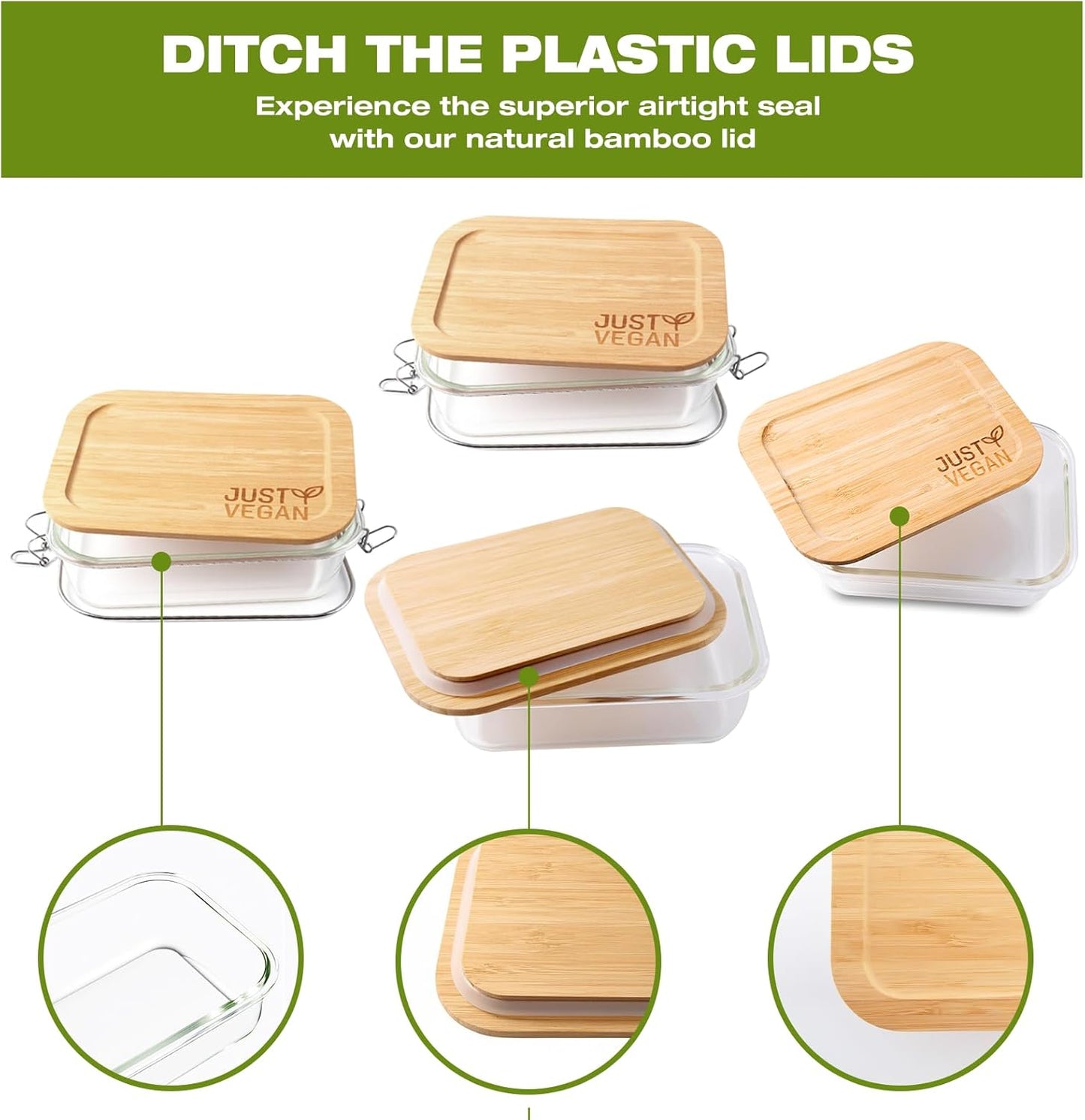Airtight Glass Food Storage Containers with Bamboo Lids, Set of 2 Secure-Seal Containers for Meal Prep, 100% Leakproof, Plastic Free, Oven & Microwave Safe (2 Pack)