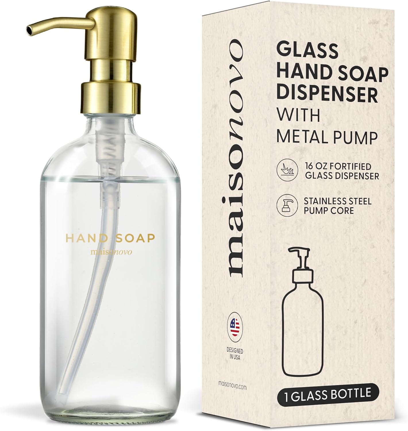 MaisoNovo Soap Dispenser 1-Piece Set | 16.9oz Clear Bottles with Gold Stainless Steel Pump