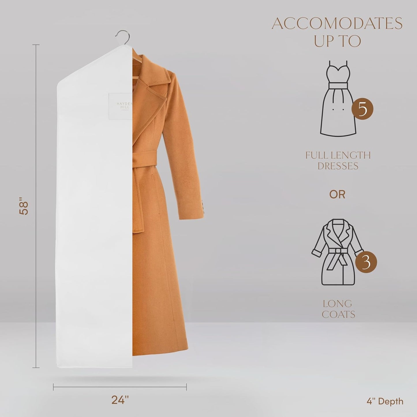 Hayden Hill Luxury Organic Cotton Garment Storage Bag - Long 58 Inch Dress Bag - Breathable & Moth-Proof For Full Length Dresses & Coats - Clothes Bags for Hanging Organization - Carbon Neutral