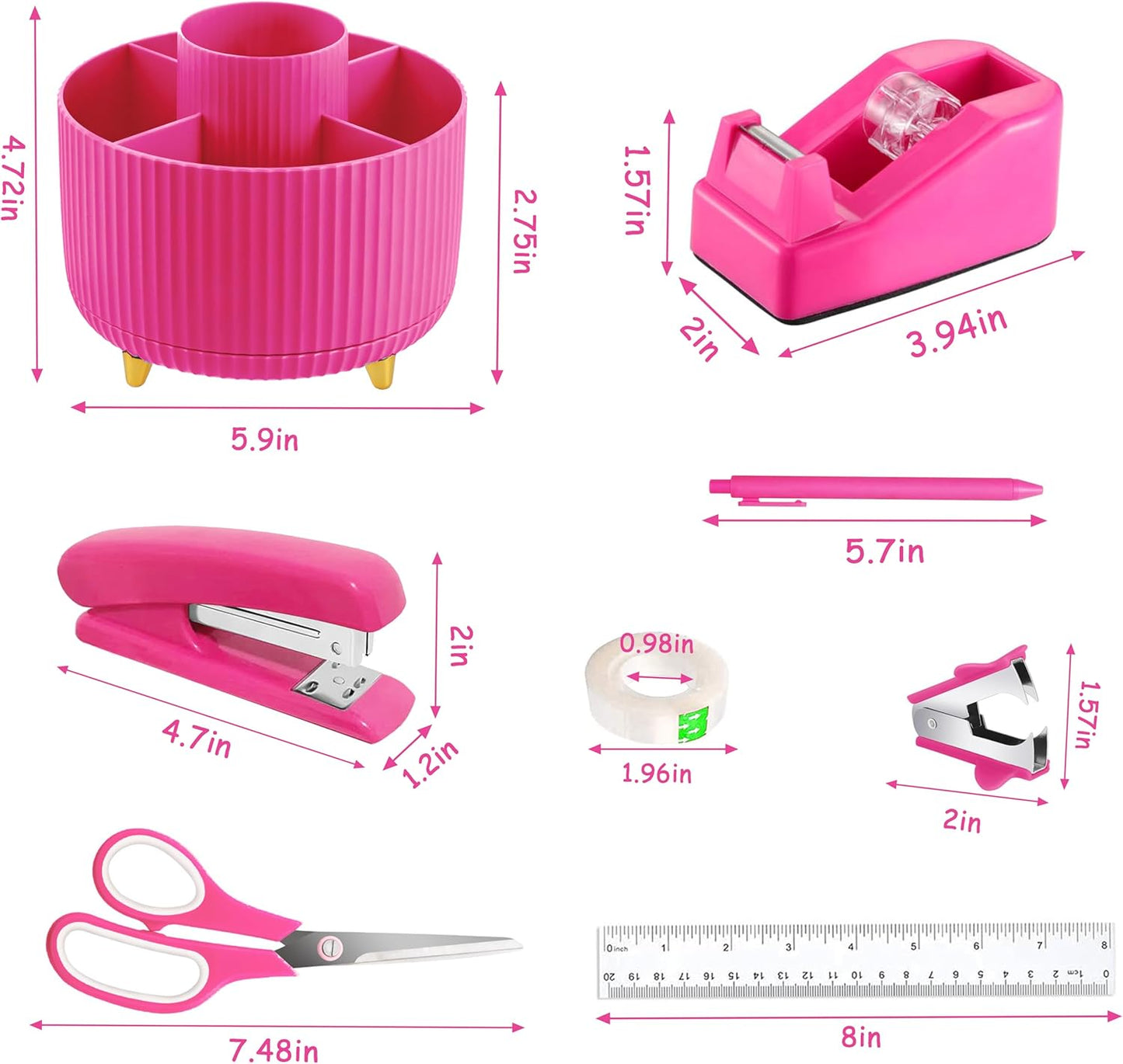 Hot Pink Desk Accessories, Hot Pink Office Supplies 360°Pen Holder Desk Organizers and Accessories with Tape Dispenser, Stapler, Staple Remover, 1000 Staples, Tape, Clips Set, Ruler, Scissor, Pen