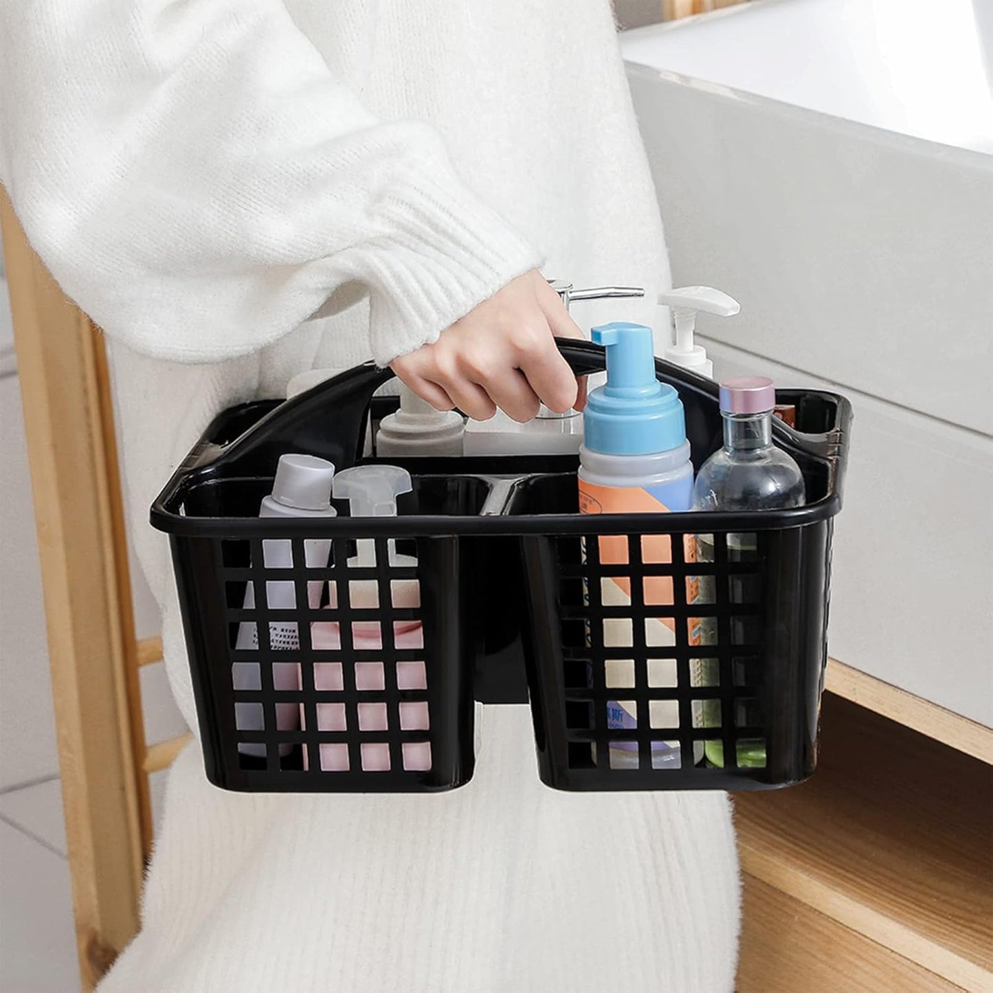 JiatuA Portable Shower Caddy Basket with Compartments Cleaning Supplies Organizer with Handle Plastic Storage Divided Tool Bin for Bathroom, Bedroom, Kitchen, College Dorm, Garden, Under Sink, Black