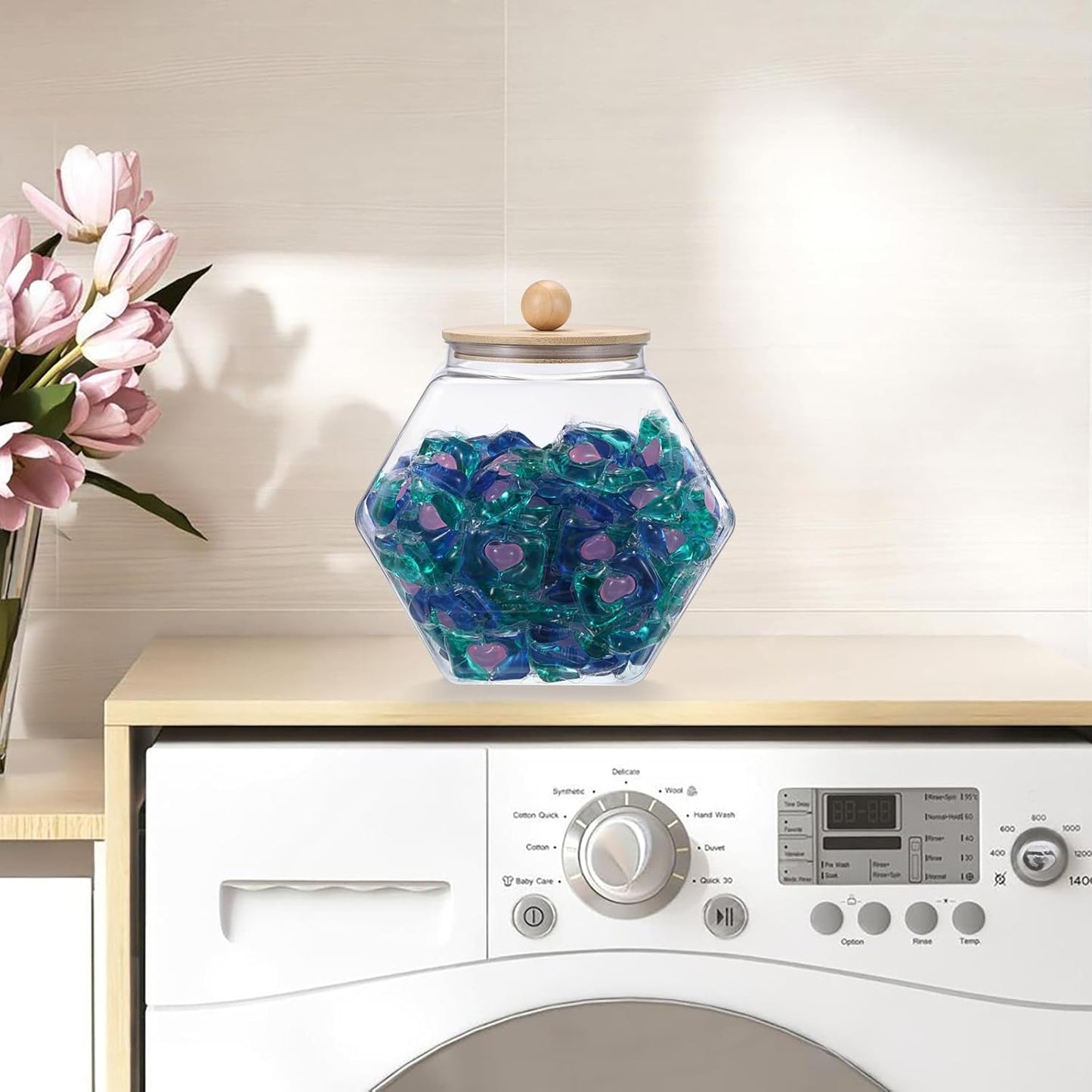 Sumnacon Laundry Pods Container with Wooden Lid, Plastic Laundry Room Organization Jars Farmhouse Wide Mouth Laundry Storage Containers Clear Laundry Pods Holder for Dryer Balls, Beads, Powder