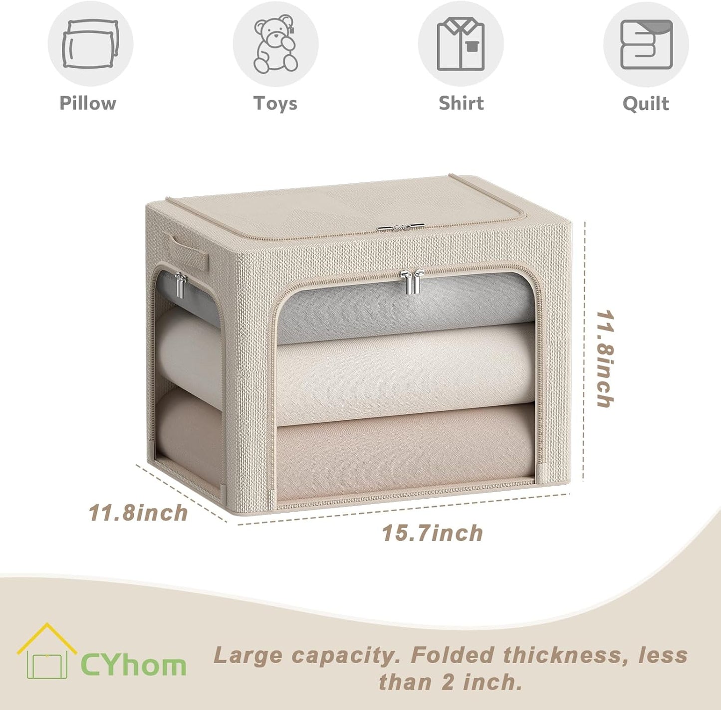 3Pack Stackable Foldable Storage Bin - Metal Frame Storage Box with Clear Window, Carry Handles (36L-15.7x11.8x11.8in, Beige)