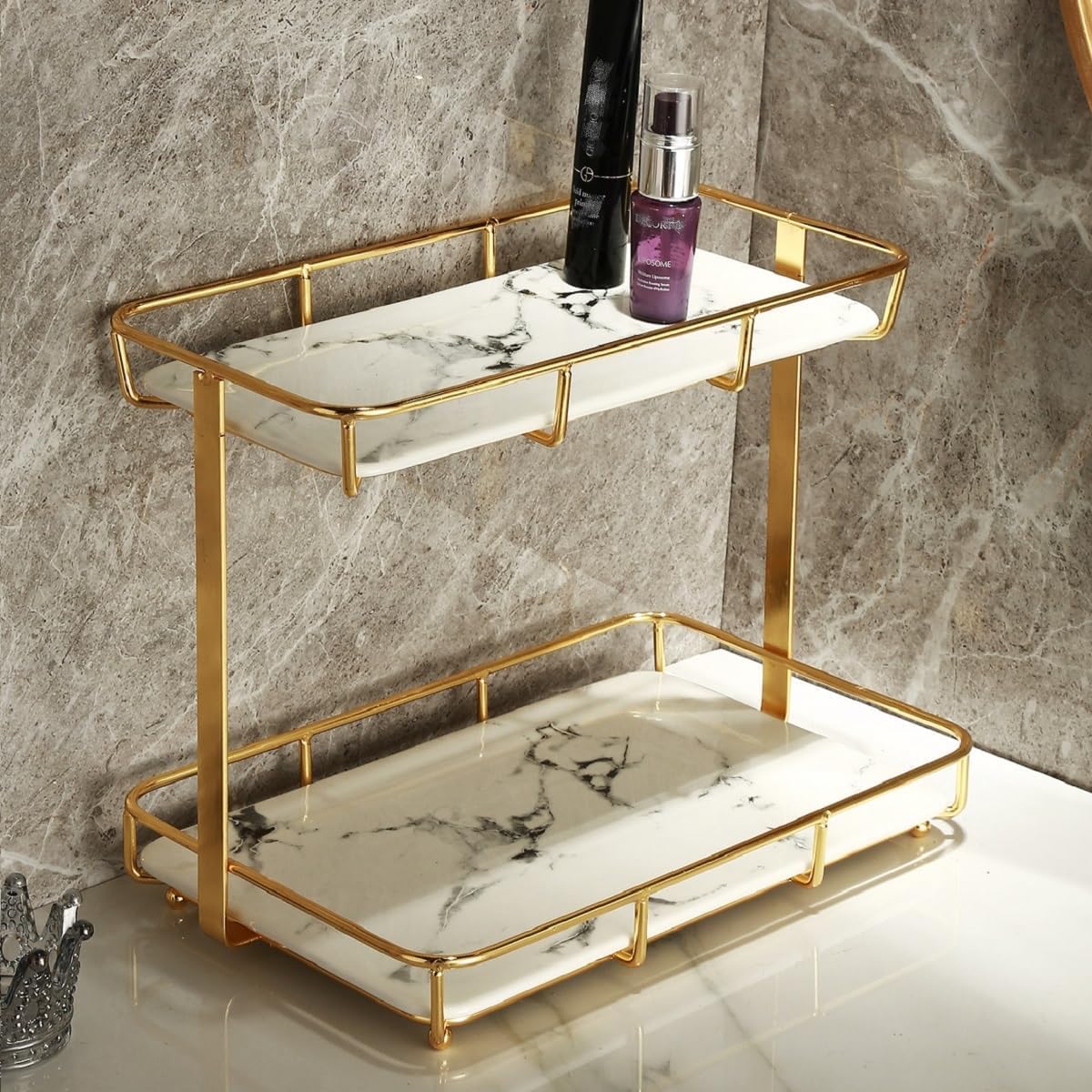 Bathroom Organizer Countertop Perfume Organizer Makeup Organizer Cosmetics Storage Display Rack Vanity Tray Dresser Stainless Steel Gold Shelf White Marble Ceramic Tray