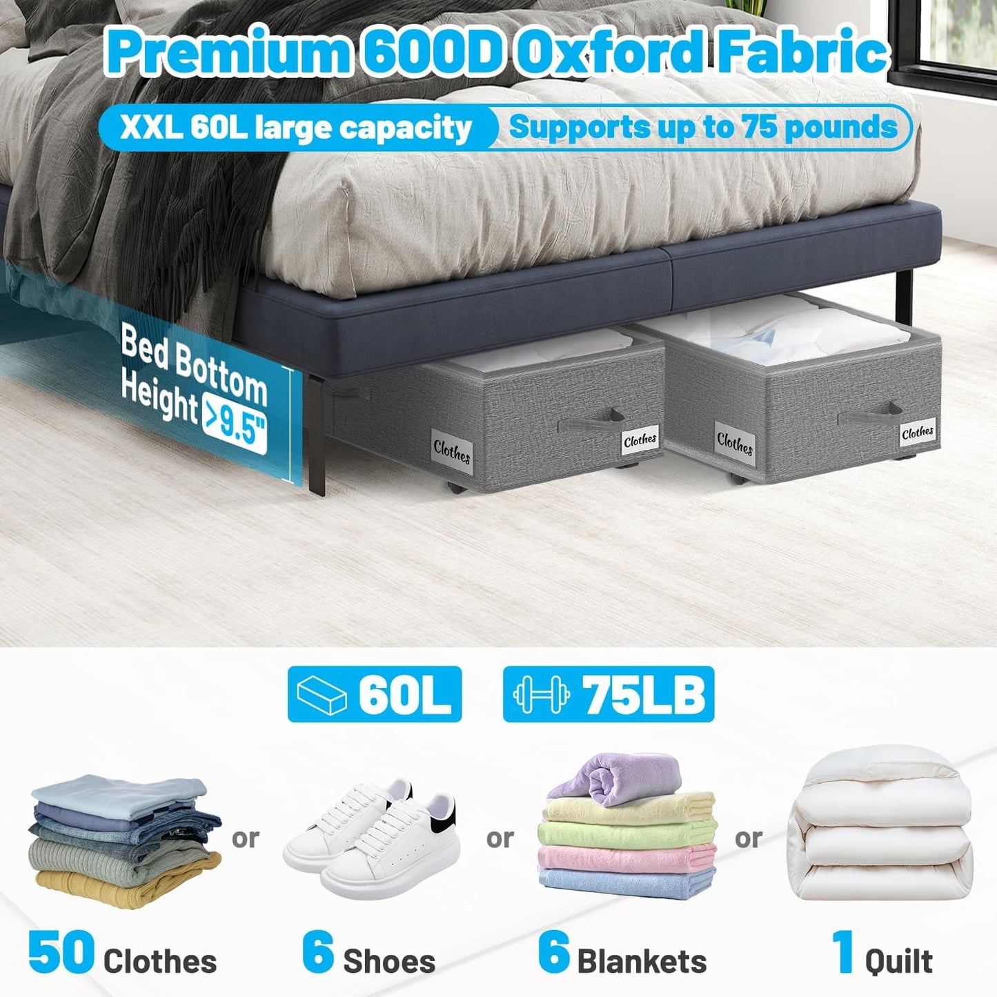 Under Bed Storage with Wheels, 2-Pack 10" Height XXL 60L Rolling Storage Bins, Quick Assembly Underbed Shoe Storage Containers with Clear Lid & Label, Dorm Under bed Drawers for Clothes, Shoes, Grey