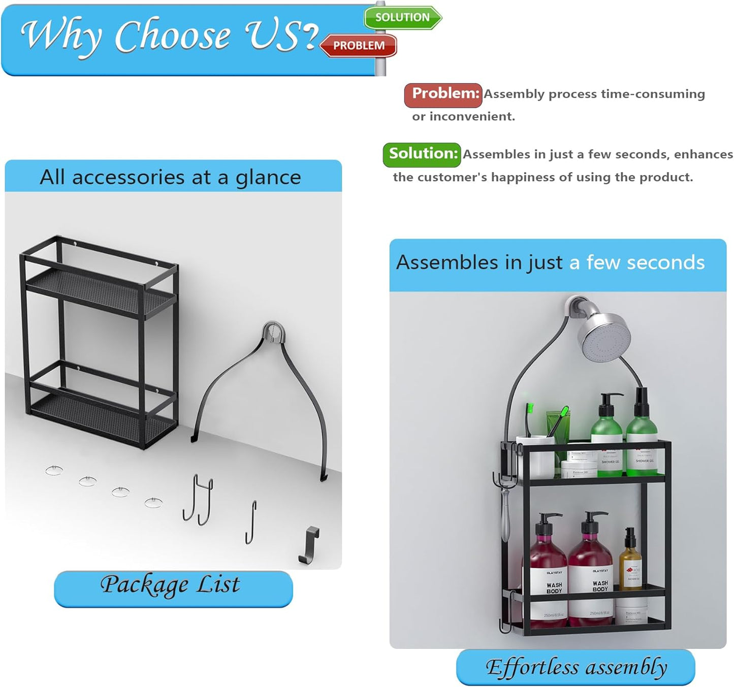 Meangood Shower Caddy, 10.4" x 4.5" x 22.04" Hanging Shower Caddy Organizer Over Shower Head Big Capacity for Shampoo, Conditioner with Hooks for Razor/Sponge, Matte Black