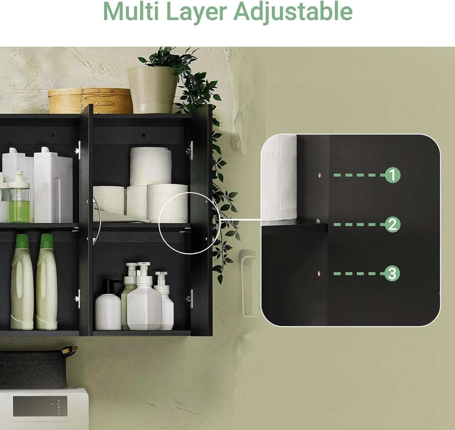 3-Doors Bathroom and Laundry Room Wall Cabinet with Adjustable Shelves, Wall Mounted MDF Storage Organizer Over Toilet or Washer, Black, HUS-FRG231-L