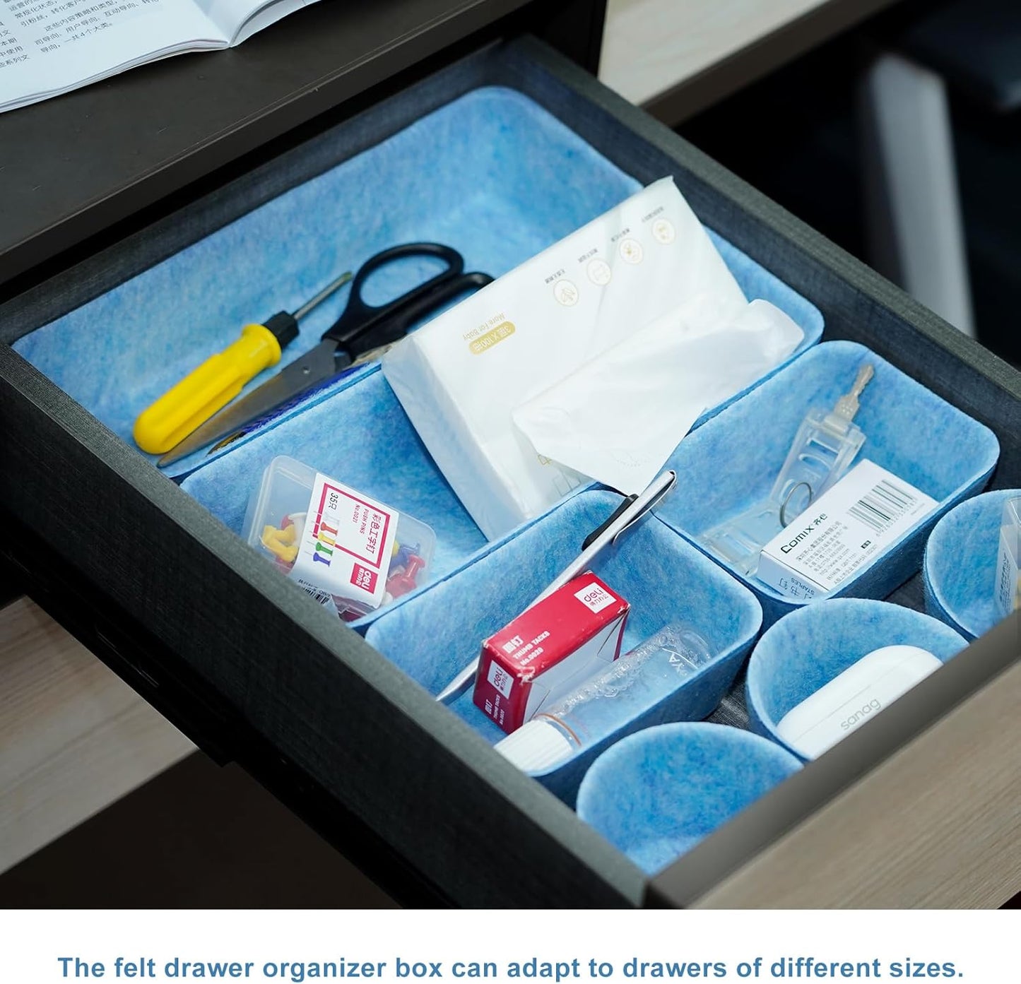 Felt Desk Drawer Organizer Tray,8 Pack Office Desk Drawer Dividers,Felt Drawer Small Round Storage Box For Saving Space,Makeup Drawer Organizer Bins.(Blue)