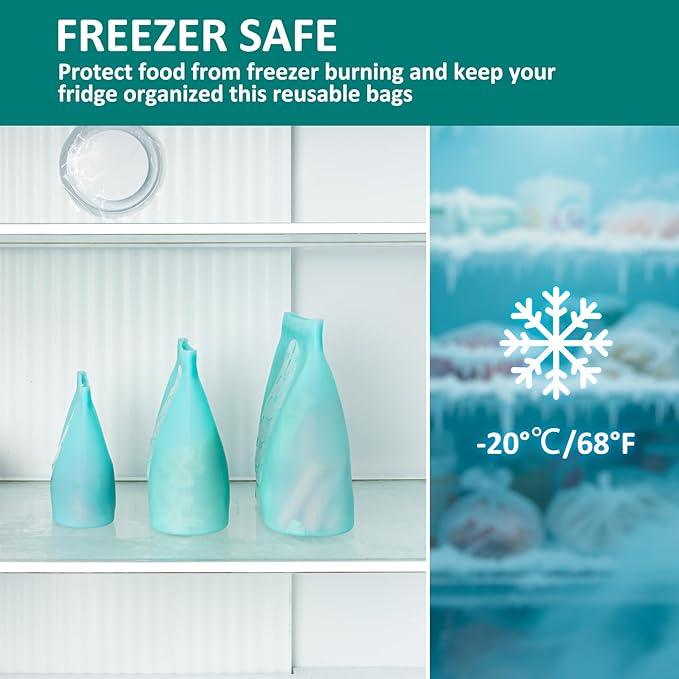 8-Pack Reusable Silicone Food Storage Bags, 100% Silicone Stand-Up Wide-Open Zip-Lock Reusable Storage Bags for Food, Freezer Microwave Oven Dishwasher Safe, Aqua, 4L 2M 2S