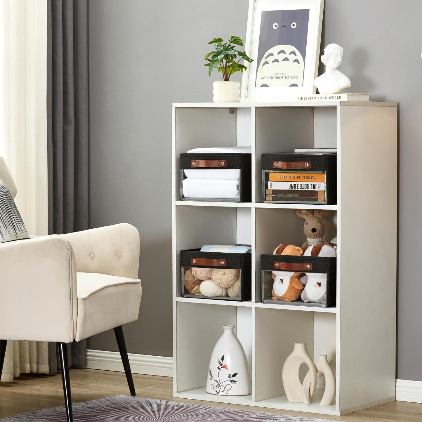 Medium Storage Baskets with Clear Window, See Through Closet Organizer with PU Handles, Linen Foldable Storage Bins for Organizing Clothes, Toys, Books (Black)