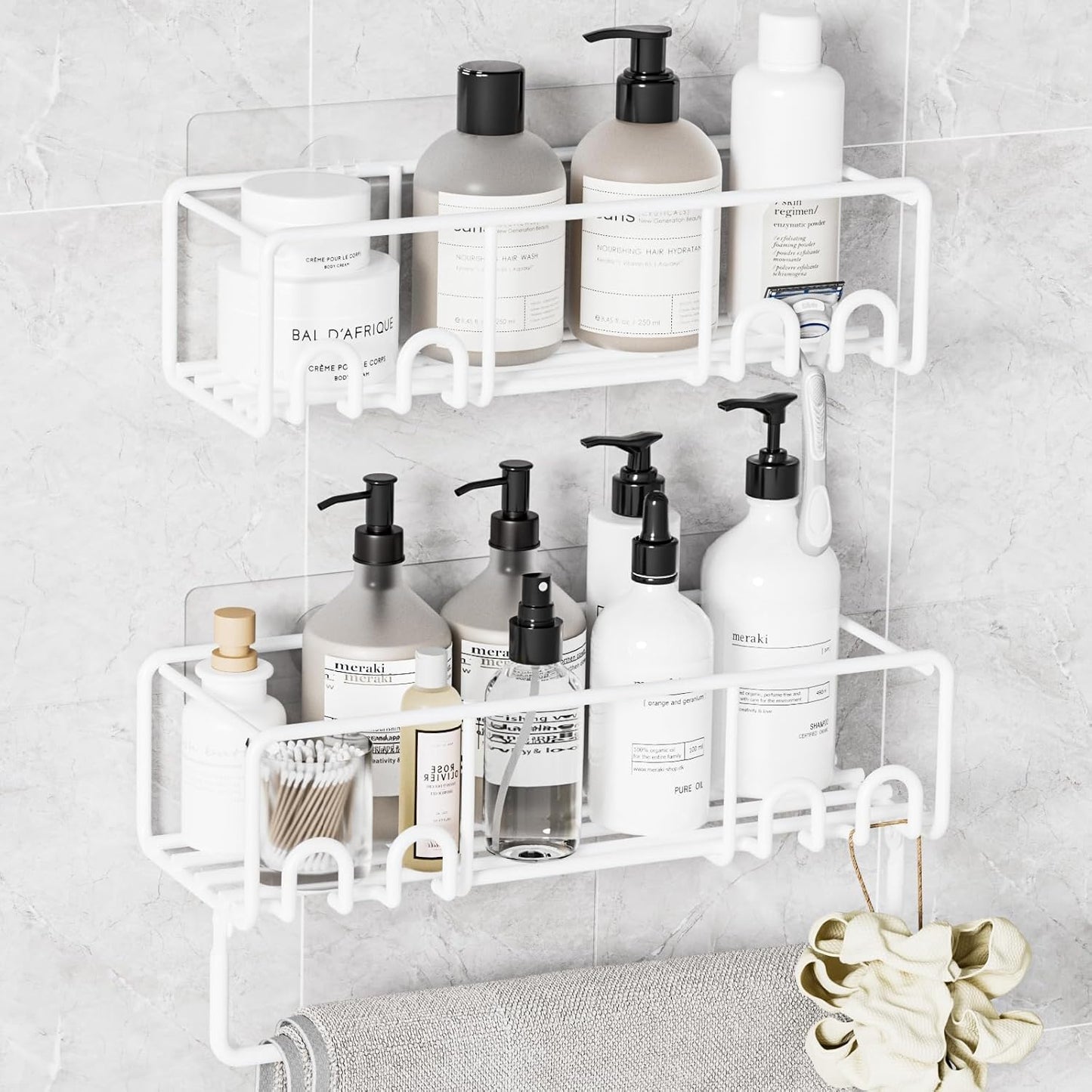 Adhesive Shower Caddy, Shower Shelves with Rustproof Coated, Wall Mounted Bathroom Organizer, Sleek Bathroom Organizers and Storage, No-Drilling (White, 2 Pack)