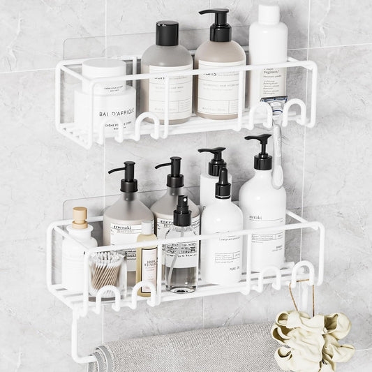 Adhesive Shower Caddy, Shower Shelves with Rustproof Coated, Wall Mounted Bathroom Organizer, Sleek Bathroom Organizers and Storage, No-Drilling (White, 2 Pack)