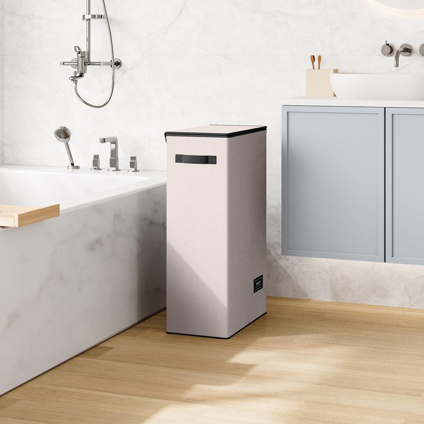 SOLEDI Slim Laundry Hamper with Lid, Narrow Laundry Basket with Removable Bags, Dirty Clothes Hamper with handle, Small Hamper perfect for Laundry room, Bathroom, Bedroom, Small spaces.Light taupe