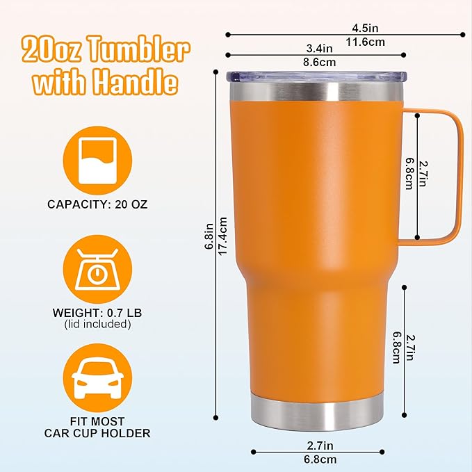 20 oz Tumbler with Handle and Lid, Stainless Steel Tumbler Insulated Travel Coffee Mug, Spill Proof Double Wall Vacuum Tumbler Cup Keep Drink Hot & Cold, Orange, 6 Pack