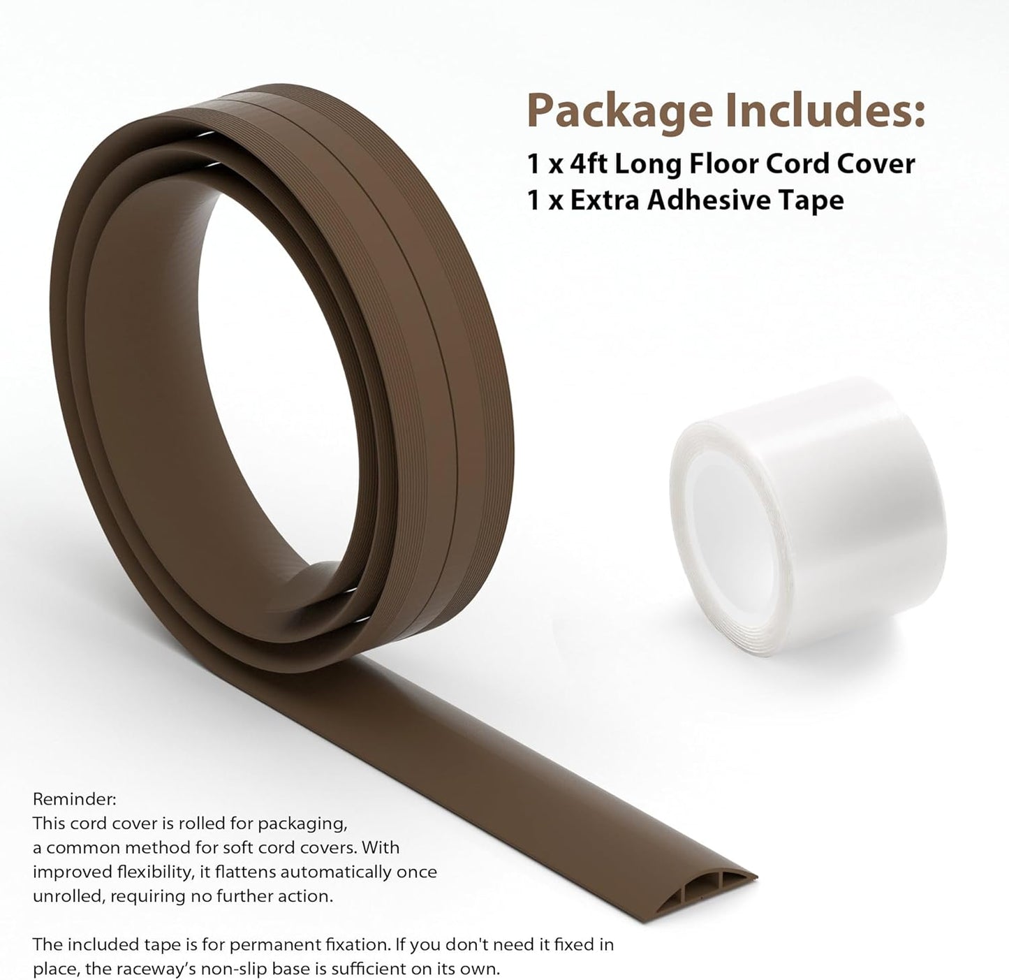 ZhiYo 4ft Cord Hider Floor, Soft PVC Cord Covers for Wires on Floor, Wire Cover to Hide Extension Cords, Cable Cover Protect Cords & Prevent Trips, Cable Cavity: W0.6in x H0.32in, Vintage Coffee Brown