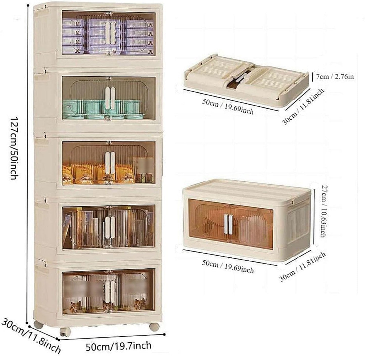 Holaki 195 QT Storage Bins with Lid, 5 Tiers Stackable Plastic Storage Bins Cabinet Box Collapsible Closet Organizers with Wheels and Magnetic Door,White
