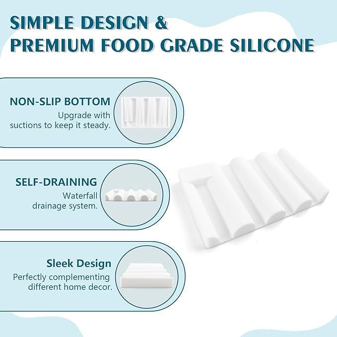 Silicone Soap Dish with Wave Design, Non-Slip, Quick-Drying, Perfect for Bathroom, Kitchen, and Sink Areas (1, White1)