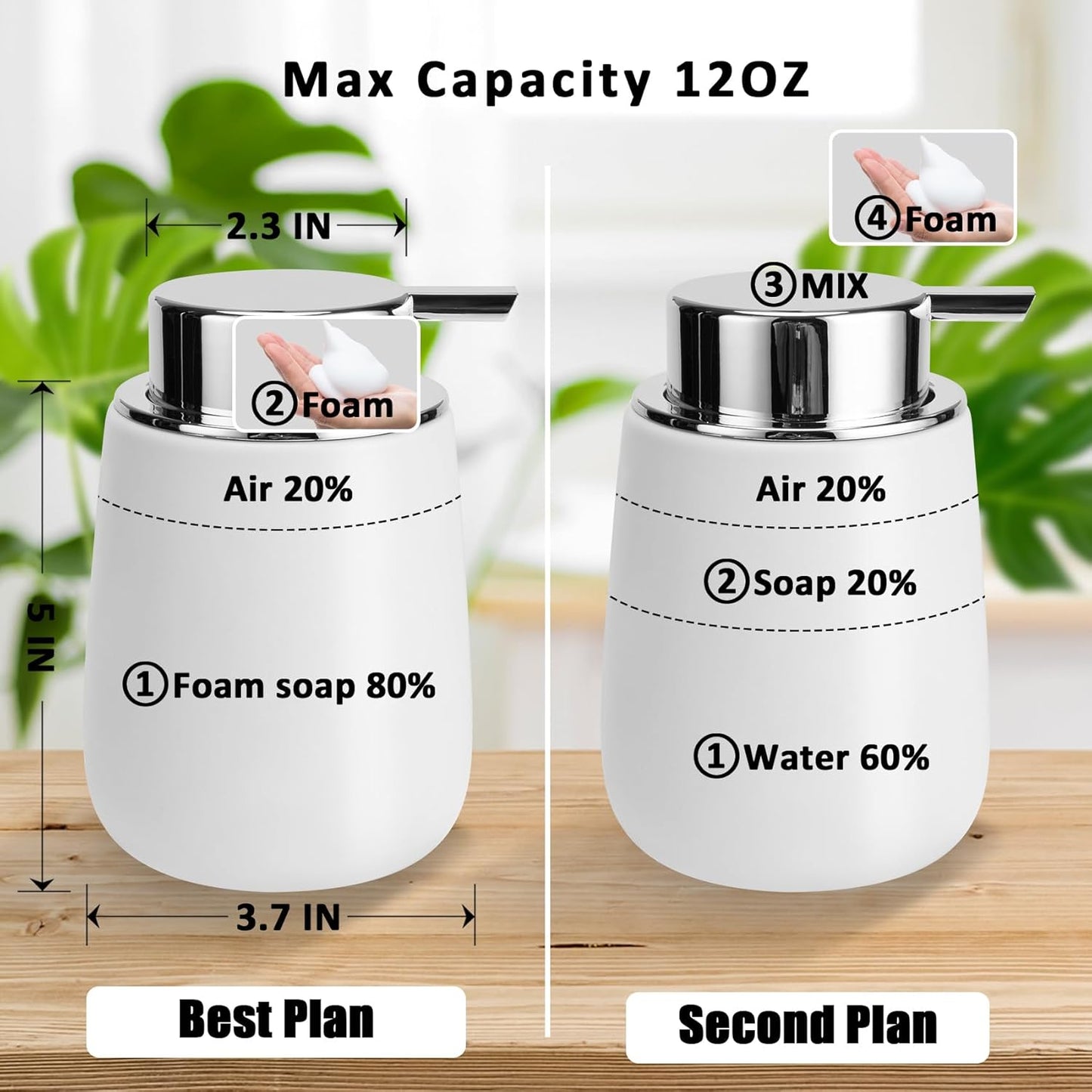 Soap Foaming Dispenser Ceramic with Easy-to-Press Pump Hand Foam Dispenser for Shampoo Bathroom Kitchen 12 oz 2pcs