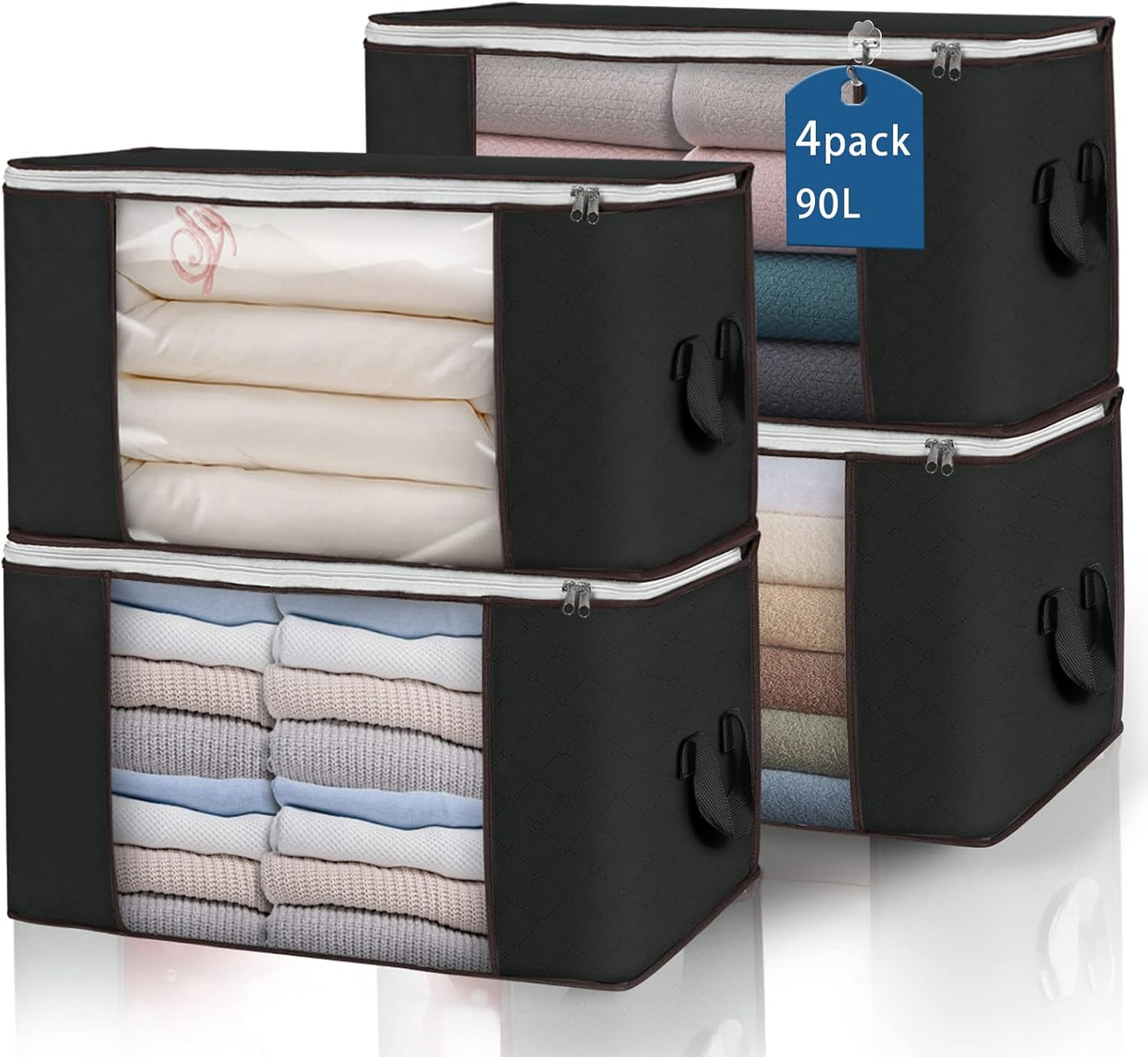 Large Storage Bags, 4 Pack Clothes Storage Bins Foldable Closet Organizers Storage Containers with Durable Handles Thick Fabric for Blanket Comforter Clothing Bedding 90 L (Black)