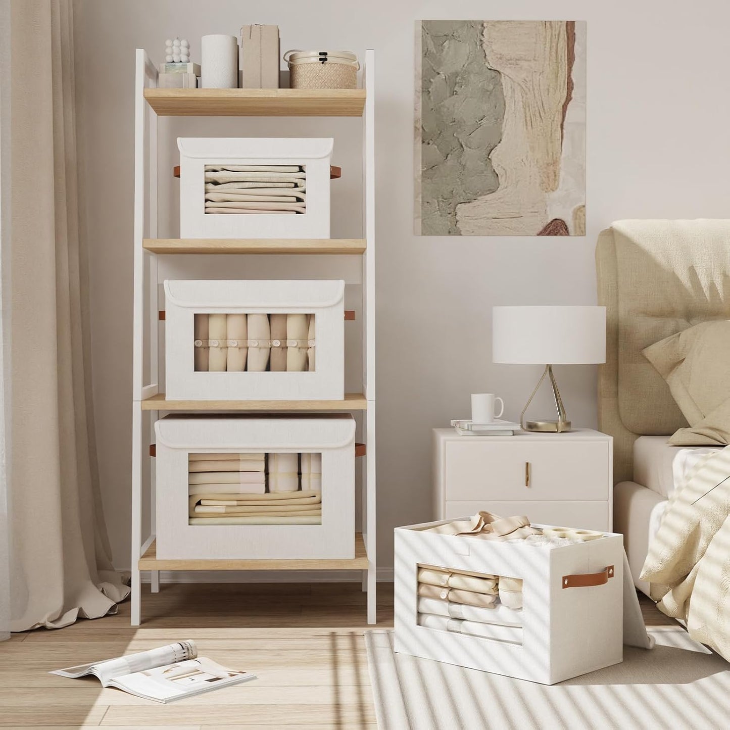 Fabric Storage boxes, 13 x 9.1 x 7.9 inch Blanket Baskets for Shelves with Lids, Cubes with Handles, Decorative Linen Closet Organizers Bins, White, 3-Pack