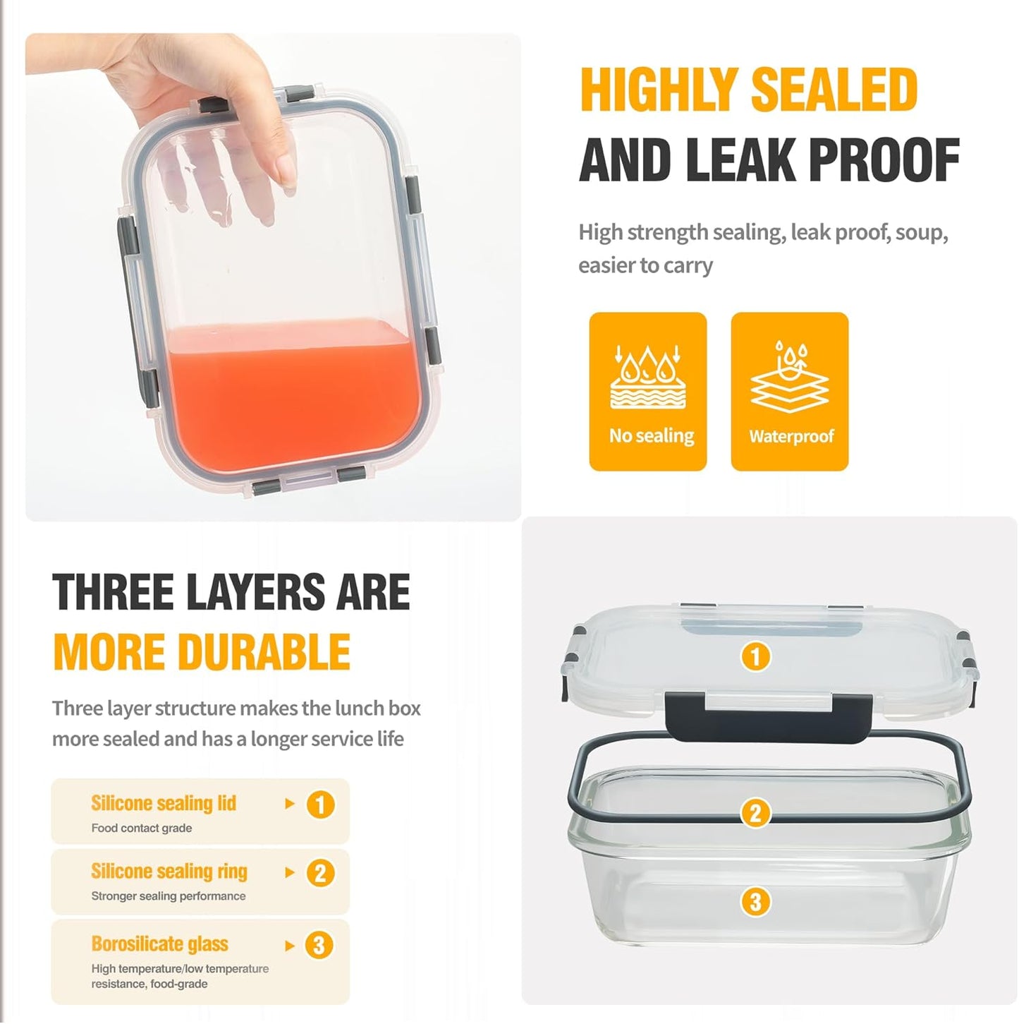 5 PACK 36 oz Glass Meal Prep Containers, Glass Food Containers with Snap-Lock Lids, Airtight Lunch Containers, Microwave, Oven, Refrigerator and Dishwasher Safe，Gray