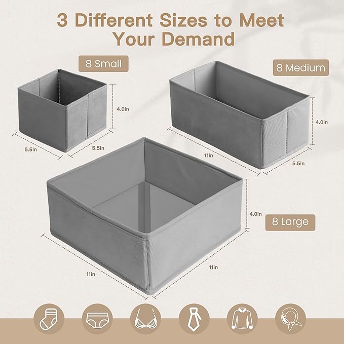 Criusia Drawer Organizer Clothes, 24 Pack Dresser Organizer for Baby Clothes, Underwear, Sock- Foldable Closet Organization and Storage Dividers Bins for Nursery, Bedroom and Dorm (Grey)