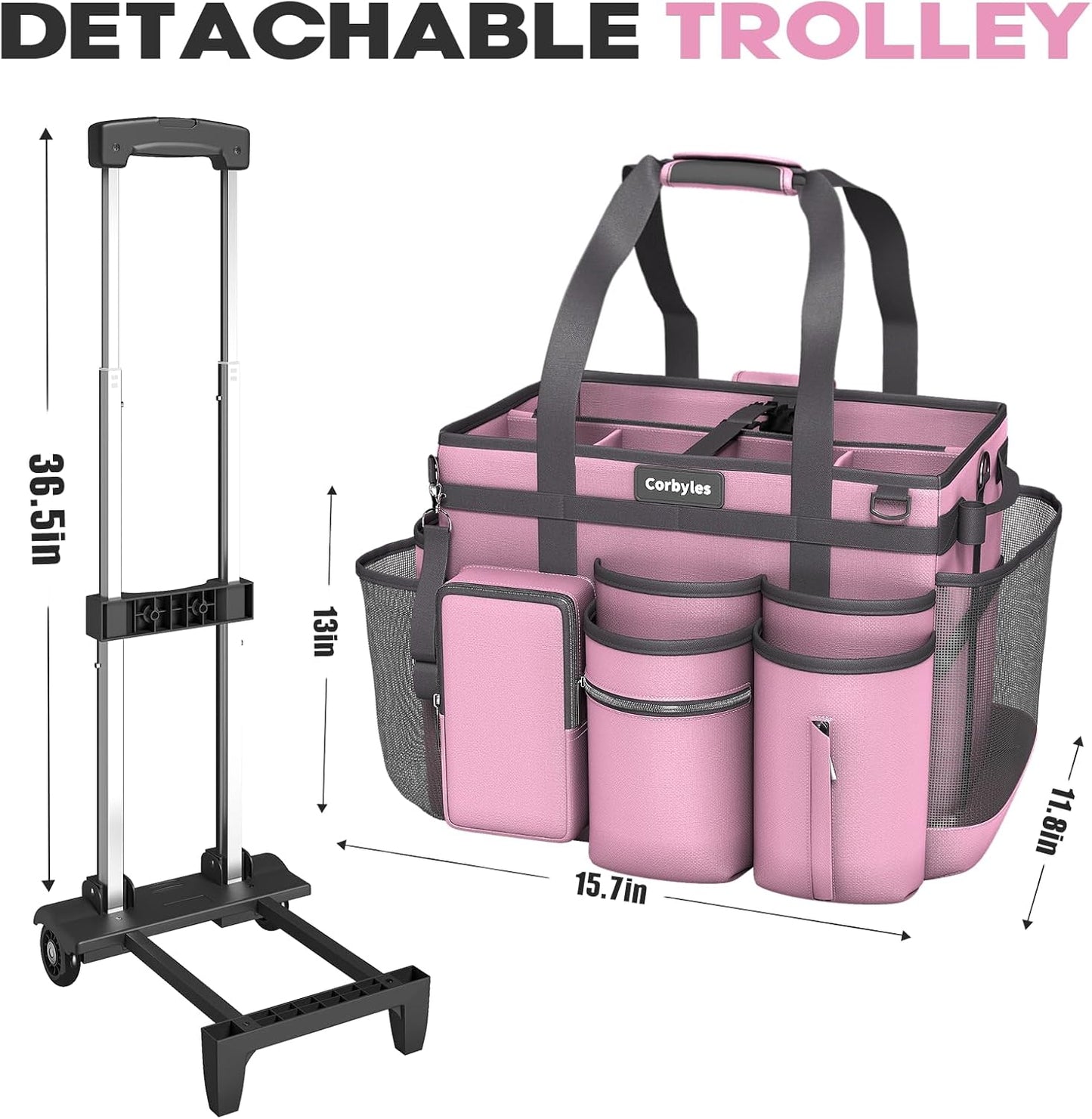 Rolling Cleaning Caddy Bag with Detachable Trolley, Cleaning Supplies Organizer Cart on Wheels, Cleaning Supply Caddy for Housekeepers, Large Professional Detailing Bag Tote for Home, Car (Pink)