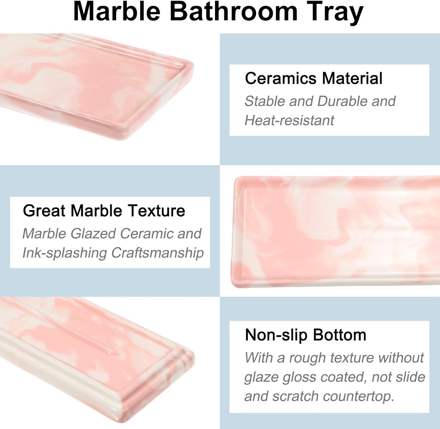 uxcell Marble Tray for Bathroom 9" Small Rectangle Ceramic Vanity Tray for Countertop Shatterproof Bathtub Soap Tray Kitchen Sink Organizer Key Trinket Ring Tray, Pink