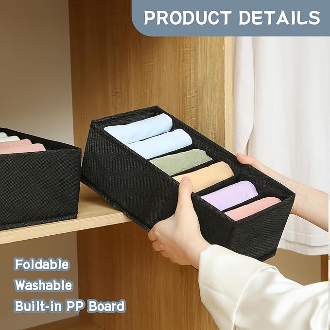 Qozary 3 Pack Sock Underwear Drawer Organizer Dividers, Non-Woven Fabric Collapsible Cabinet Closet Storage Boxes for Clothes, Socks, Lingerie, Underwear, Tie, Belt, Baby, Bedroom (Black, 6 Cells)