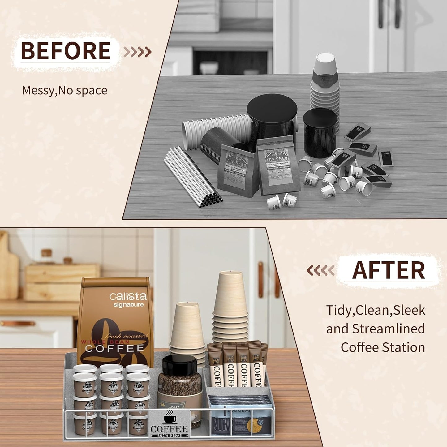 Metal Coffee Station Organizer for Countertop - Coffee Bar Organizer with Designable DIY Logo, K Cup Pods Holder & Tea Condiment Storage - Rustic Breakroom Kitchen Decor in Silver （1 Pcs）