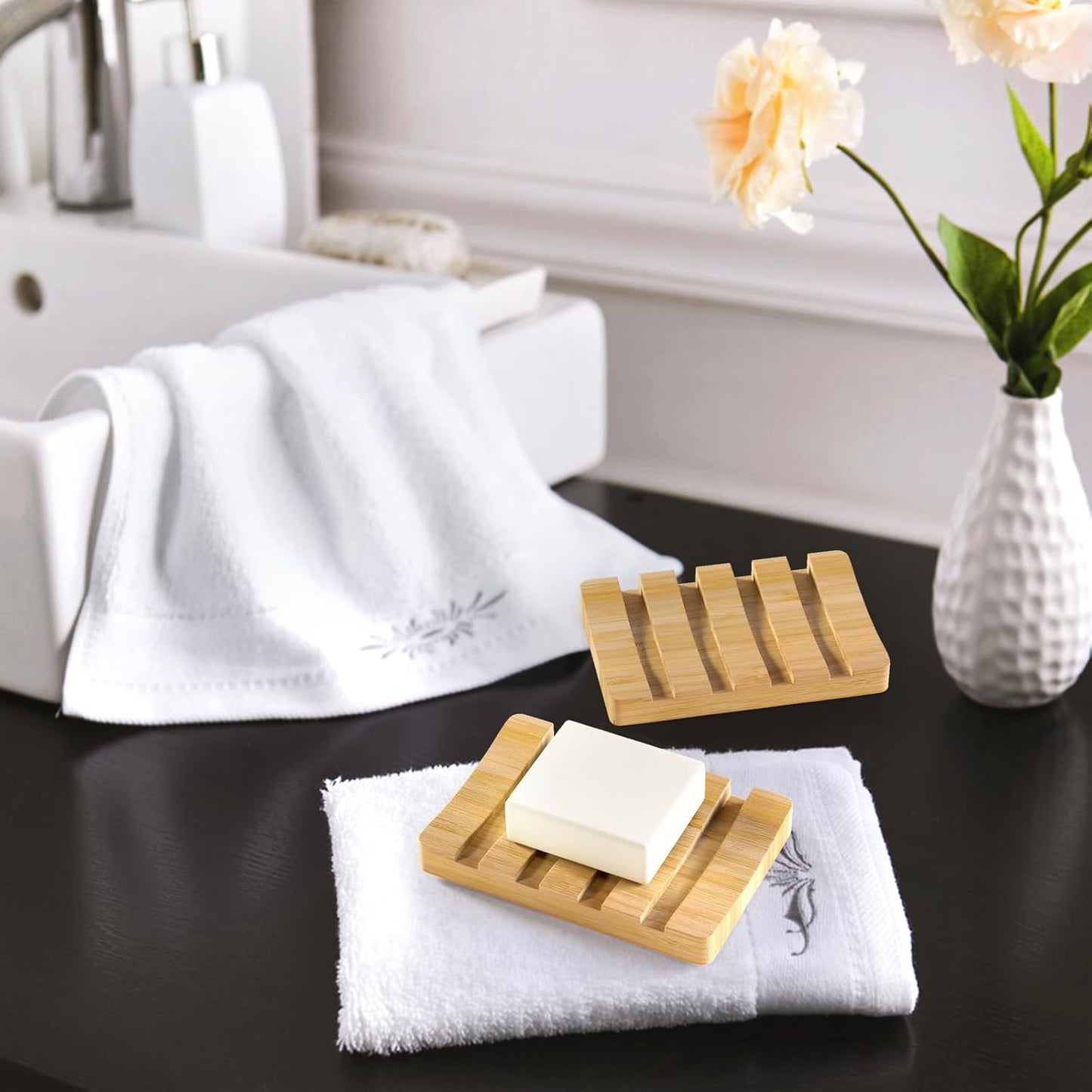 AmazerBath Bamboo Soap Holder, Bamboo Soap Dish, 2 Pack Soap Dishes for Bar Soap, Soap Tray Self Draining, Bar Soap Holder for Shower