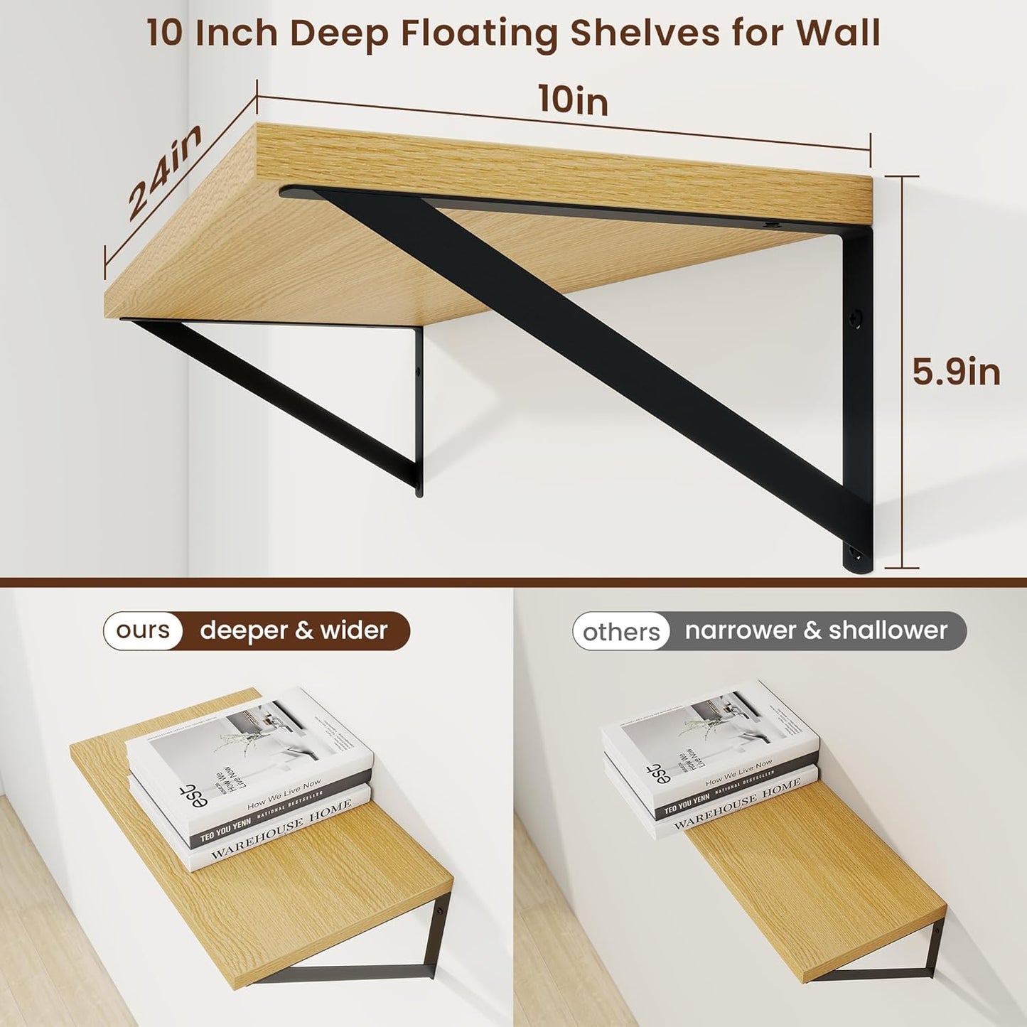 Axeman Deep Floating Shelves for Wall - 24 Inch Wide x 10 Inch Deep Floating Shelves Set of 2 -Oak Wide Wall Shelves for Living Room Bathroom Bedroom
