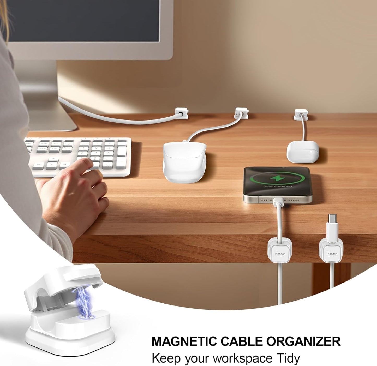 12 Pack Magnetic Cable Clip Organizer Cord Holder, Picozon Adhesive Cable Management, Wire Phone USB Charger Cable Holder, Keeper Organizer for Office Home Desktop Table - White