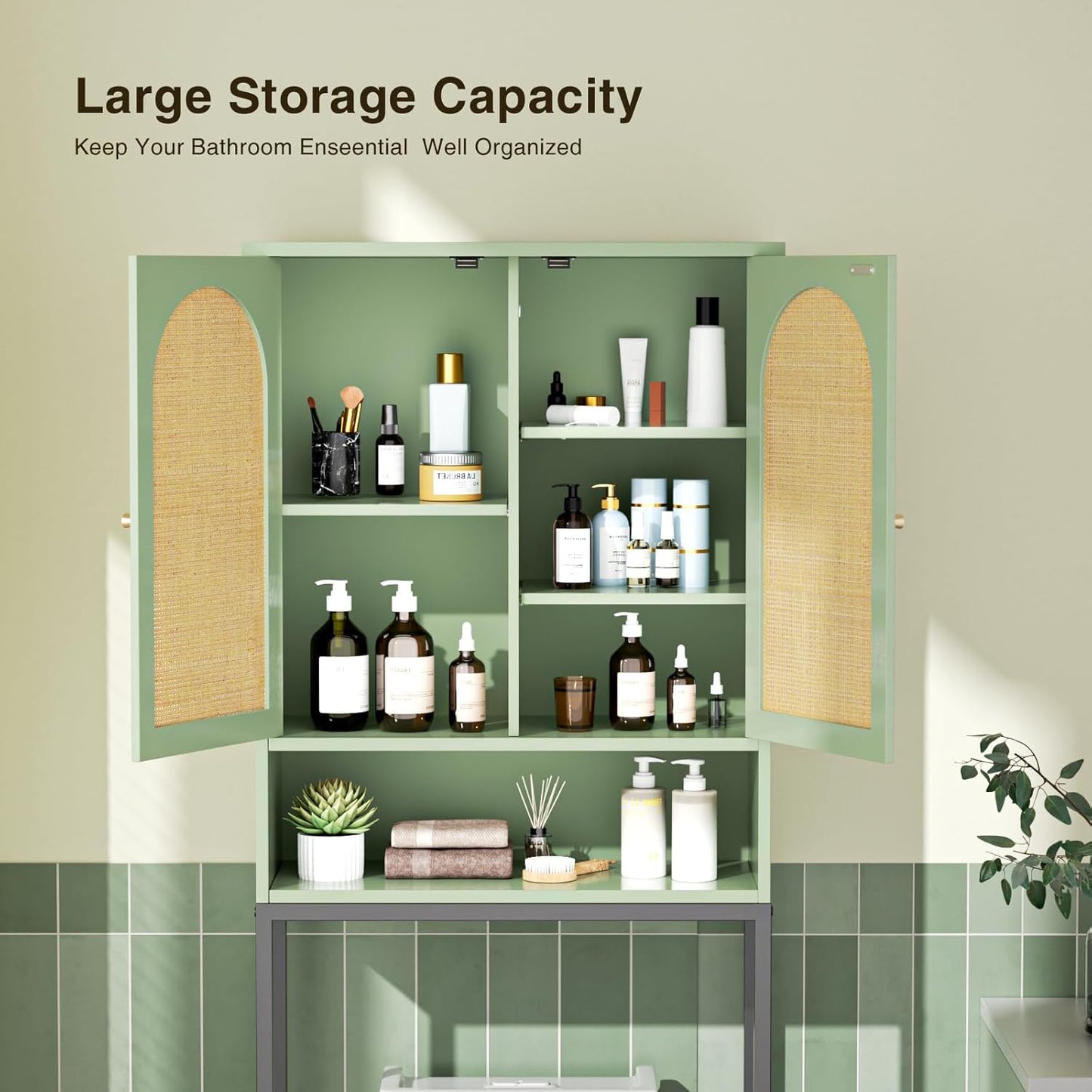Rattan Over The Toilet Storage Cabinet, Bathroom Organizers and Storage Over Toilet with Rattan Door and Metal Stand, Tall Storage Shelves Above Toilet, Wood Rack for Restroom, Laundry, Foam Green