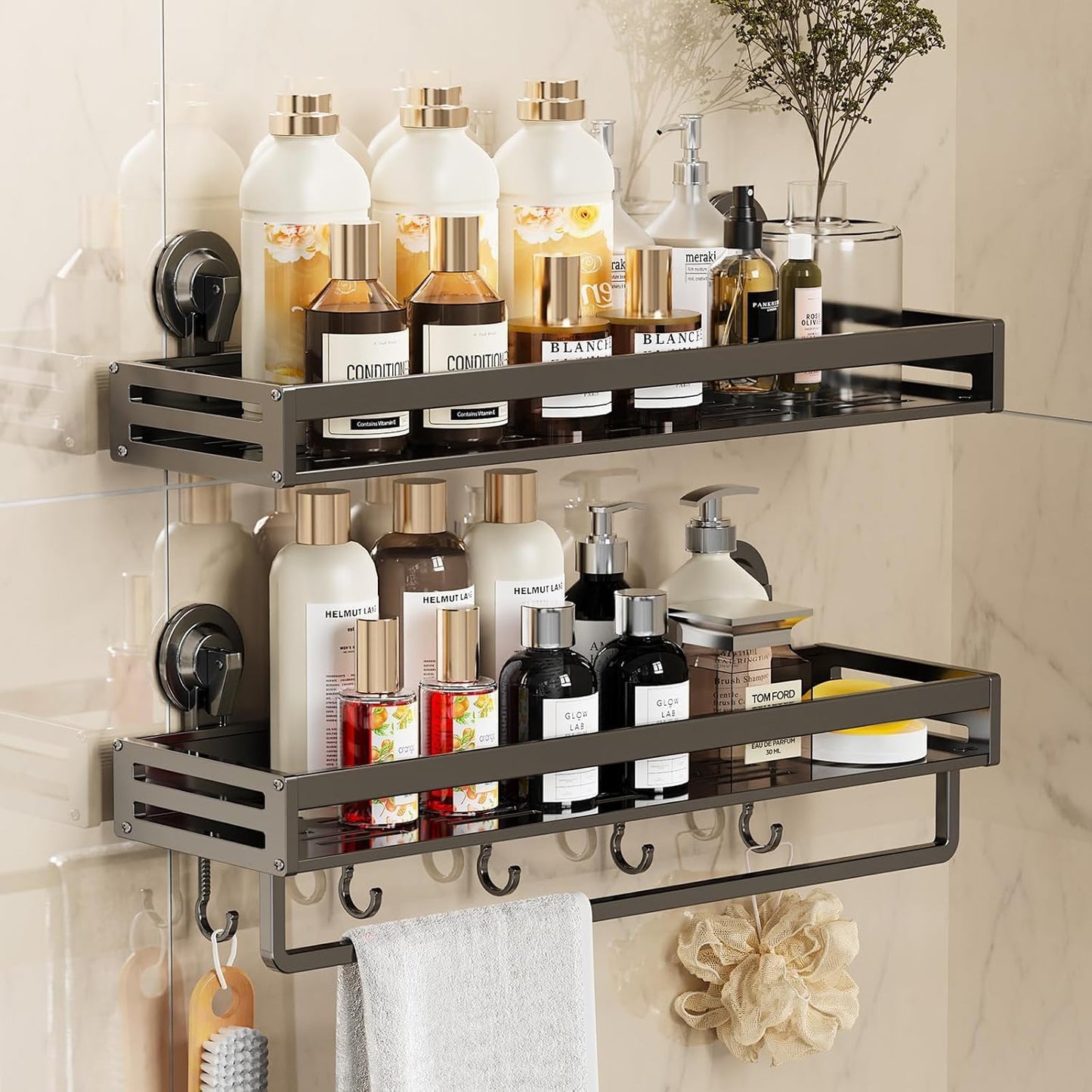 Shower Caddy Suction Cup, 11.8 inch 2 Pack Suction Shower Shelf with Hooks NO-Drilling Bathroom Holder, Rustproof Bathroom Organizer(Dark Grey)