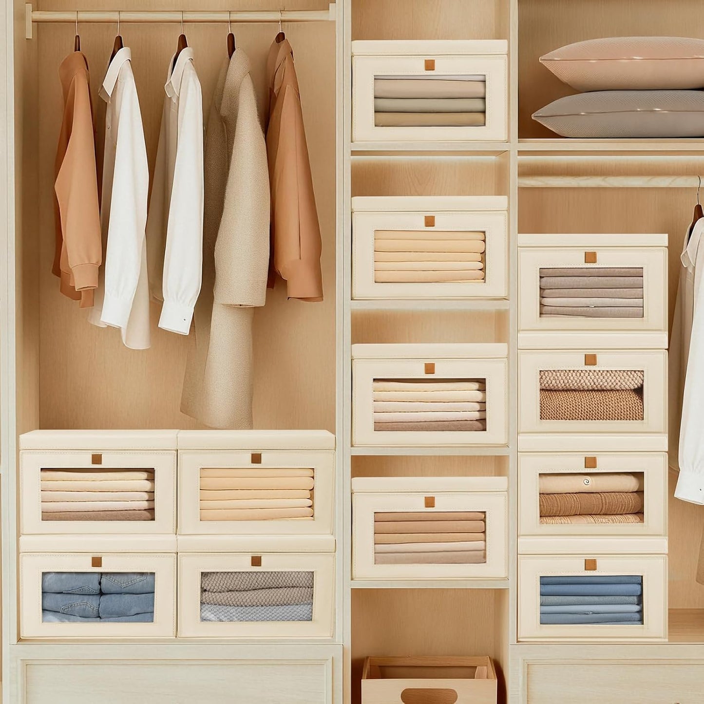 DIMJ Storage Bins with Lids - 4 Pack Large Fabric Closet Organizer with Window & Handles, Collapsible Decorative Storage Boxes for Shelves Under Bed, Books Clothes Blankets Sweaters Organization