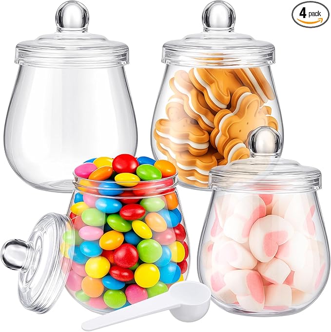 Nuogo 4 Pcs Plastic Candy and Cookie Jars with Lids Clear Cookie Container Candy Jars Large Airtight Apothecary Storage Organization for Wedding Home Kitchen Bar (Classic,16 oz)