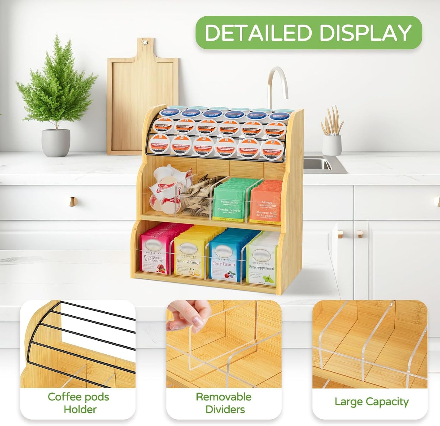 LASZOLA Bamboo Tea Bag and Coffee Holder Organizer for Cabinet Counter Office, 3 Tier Large Capacity Vertical K Cup and Tea Packet Storage Rack, Sturdy Display Stand, Easy Assemble