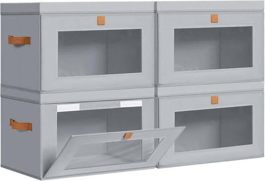 DIMJ Storage Bins with Lids - 4 Pack Large Fabric Closet Organizer with Window & Handles, Collapsible Decorative Storage Boxes for Shelves Under Bed, Books Clothes Blankets Sweaters Organization