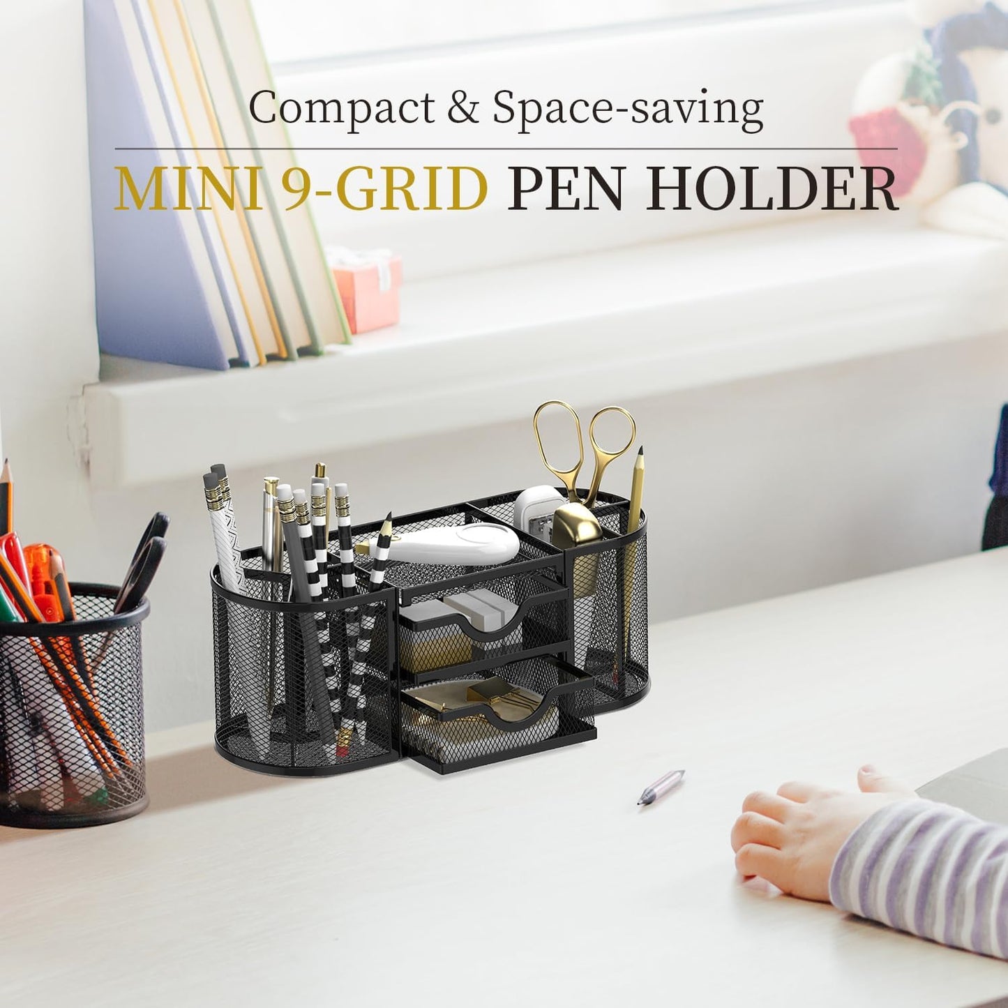 SUPEASY Mesh Desk Organizer, Desk Organizers and Accessories, Pen Holder with Drawers, Pencil Holder for Desk with 2 Drawer for Office Supplies, Black